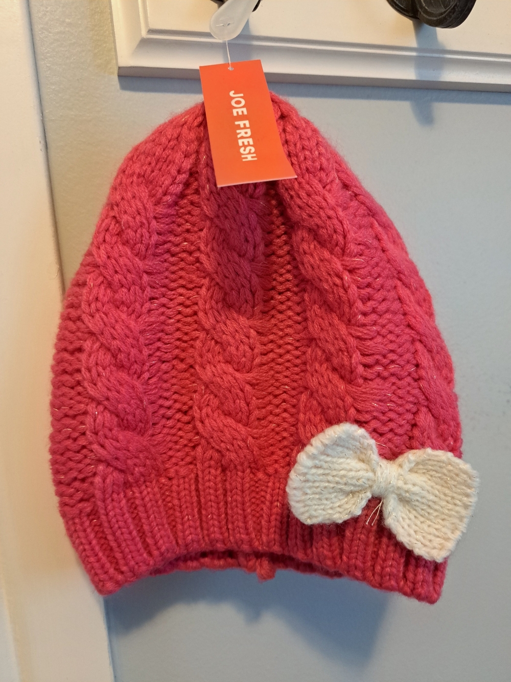 NWT Joe Fresh Pink Cable Knit Beanie with Cream Bow - Kids